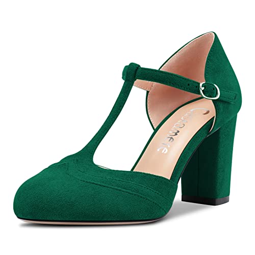 Castamere Women Chunky Block High Heel Round Toe Pumps Court Shoe T-Strap Buckle Wedding Office 8.5 CM Heels Dark Green 4 UK