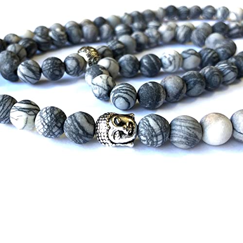 108 Bead Picasso Jasper 8mm Mala Beads- Yoga Meditation Bracelet Necklace - Healing Stone Grey - Image 4