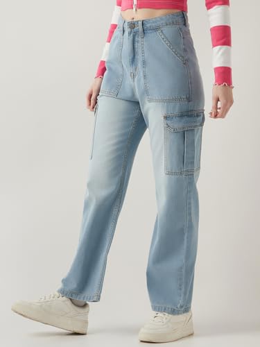 Image of Bewakoof Women's 100% Cotton Wide Leg Jeans | Jeans for Woman Pants for Woman | Classic Denim Pants | Everyday Casual | Utility Streetwear | Lightweight & Flexible | Wide Leg