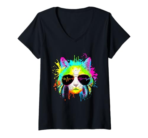 Womens Funny Kitten Colourful Rainbow Rave Music DJ Cat V-Neck T-Shirt