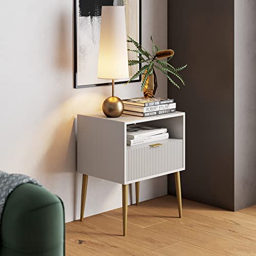 Nathan James James Mid-Century Accent Side Or End Table With Storage, Wood Frame, 1, White/Gold #TOP21