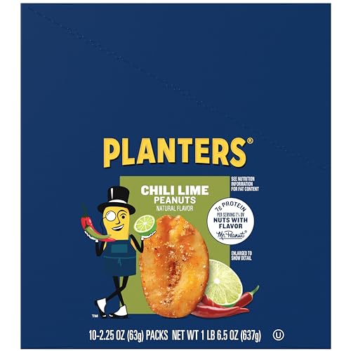 PLANTERS Chili Lime Peanuts, Spicy Snacks, Spicy Peanuts, 2.25 oz, 10-Pack, Nuts with a Tangy and Zesty Taste