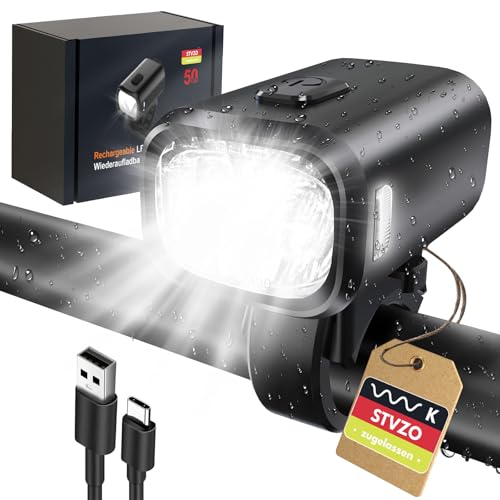 FORTRY LED Fahrradlicht Vorne 50 Lux,Fahrradlampe StVZO Zugelassen,TYP-C Aufladbar Fahrrad Scheinwerfer,IPX5 Wasserdicht Fahrradlichter,Fahrrad frontlicht für Rollstuhl Rennrad MTB Ebike