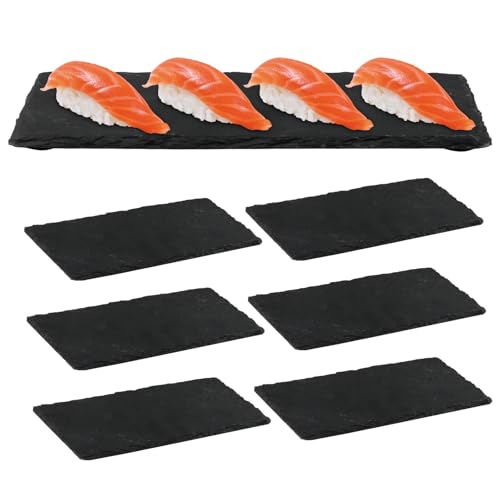 imposyu Lot de 6 Planche Ardoise Noir Assiettes Rectangulaire en Ardoise 20x10cm Plateau Apero Plat de Service Pour Buffet, Fromage, Charcuterie, Tapas,...