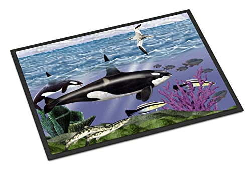 Caroline's Treasures PTW2040MAT Whale Orcas Doormat 18x27 Front Door Mat Indoor Outdoor Rugs for Entryway, Non Slip Washable Low Pile, 18H X 27W