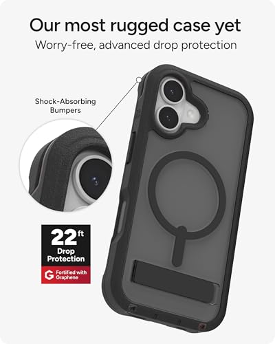 Image of ZAGG Rainier Case with Kickstand for iPhone 17 - Smoke Black, Graphene 22ft (7m) Drop Protection, Lanyard Attach Points, MagSafe, Wireless Charging Compatible, 2-Piece Design, Phone Case