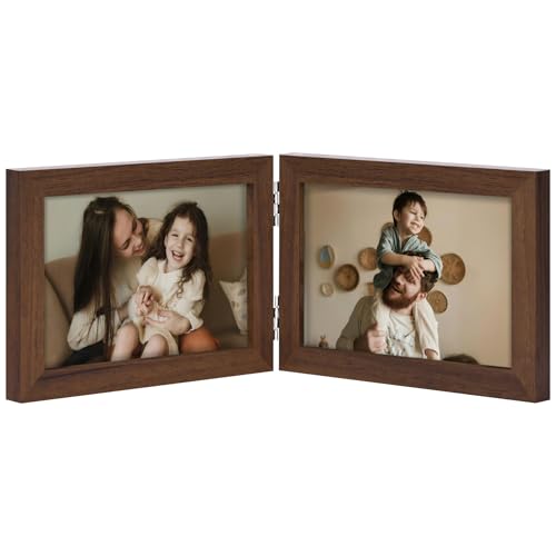decorUhome Double 6x4 Picture Frame Horizontal, Engineered Wood Bifold Photo Frame with Plexiglass for Tabletop Display, 6x4, Brown