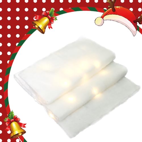Bindokun Weihnachten Schneedecke Deko mit Warmes LED-Licht,150CM*40CM Kunstschnee Matte Künstliche Schneematte Decorations for Weihnachtsbaum,Flauschige Schneebaumwollfaser