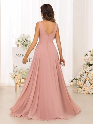 Women Chiffon Long Formal Wedding Guest Dresses with Pocket V Neck Sleeveless Ruched Maxi Bridesmaid Dress with Slit2