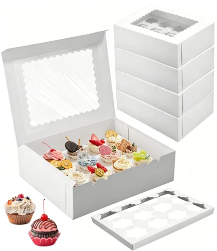 Wexeva Caja de transporte para 10 magdalenas, cajas de cartón con 12 cavidades, cajas blancas para cupcakes, recipientes para cupcakes, caja de transporte para cupcakes con ventana transparente