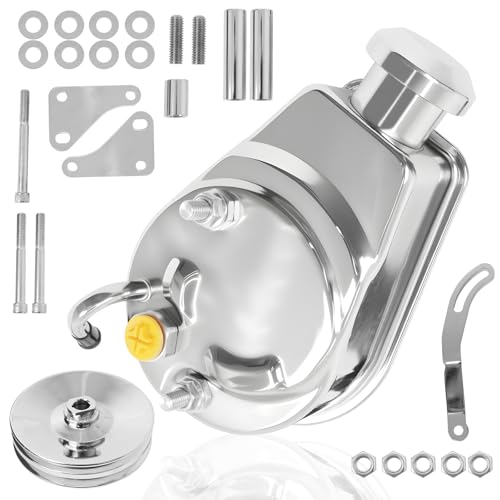 Power Steering Pump Saginaw Chrome Pump - Includes Pulley Double Groove V-belt 5-7/8 Key Way Shaft Bracket Kit Compatible with Chevy GM SBC 265-400 1966-1984 Replaces 4312C 9609x