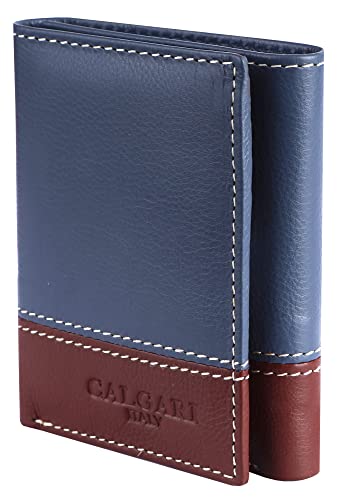 Image of Genuine Italian Leather Trifold Wallet for Men, RFID Blocking, 8 Card Slots, 2 Cash Compartments, Minimalist Billfold with Multiple Card Slots and Cash Storage, ID Window, Cognac Blue Leather