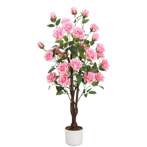 Garvee Künstlicher Rosenbaum im Topf – Rosa – DREI-Stamm, realistische Blüten, täuschend echt, Pflegeleichte Dekopflanze für Zuhause, Büro, Wohnzimmer – Höhe: 105 cm, Three-Wood Rose, Single Tree