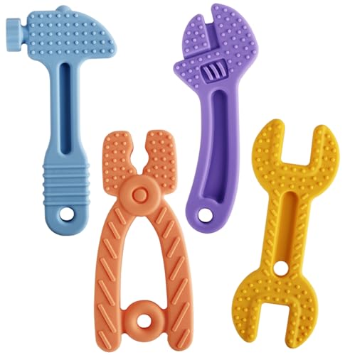 Image of Fu Store 4 Pack Soft Silicone Teething Toys for 0-12 Months 6-24 Months Toddlers Infant Hammer Spanner Wrench Pliers Tools Shape Baby Teethers Relief Soothe Babies Gums Set