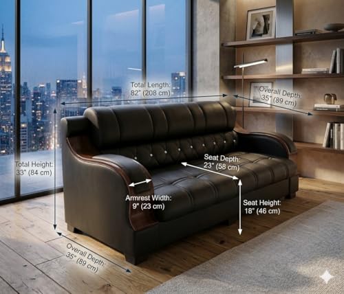Image of 3-Seater Sofa with Tufted Black Leatherette Upholstery, Wooden Arm Accents, Living Room