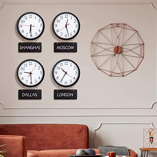 Juinte 4 Pcs Silent Wall Clocks 10 Inch with Chalkboards and Marker, Battery Operated Round Multi Time Zone Clocks for Home, Kitchen, School, Office, Reception Areas, Classroom Decor