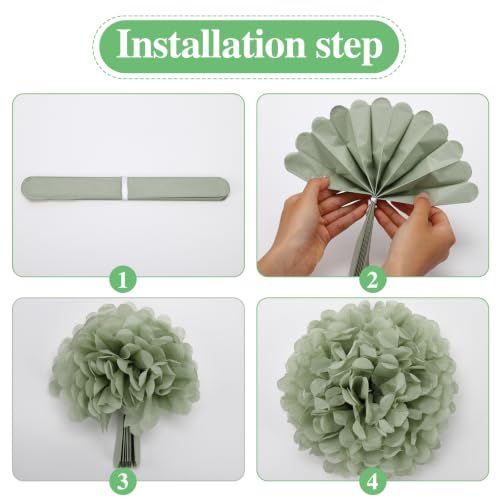 Image of BestoFun 16 PCS Beige Sage Green Tissue Pom Poms Paper Flowers Decorations Natural Green Boho Hanging Decor for Girl Groovy Birthday Baby Shower Wedding Bachelorette Room Wall Hanging Decor