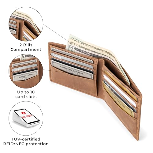 BERLINER BAGS Vintage Genuine Leather Wallet for Men Brooklyn, RFID Blocking, Bifold, Front Pocket Slim Wallet, 10 Card Holder, 2 Bills Compartment, 1 Gift Box - Brown4