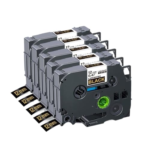 Ruban Tze231 doré sur noir 12 mm compatible Brother P-Touch lot de 5