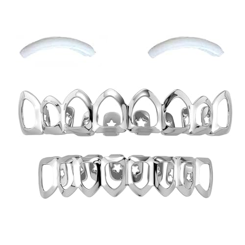 SSyang 18K Hip Hop Teeth Grills for Mouth Braces Decoration with 2 Silicone Moldings Hip Hop Teeth Grills for Mouth Top Bottom Music Festival Party Rapper Decorations (Fully Hollow + Silver)