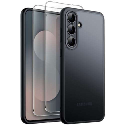 JETech Matte Case for Samsung Galaxy S25 FE with 2-Pack Tempered Glass Screen Protector, 3 in 1 Translucent Frosted Shockproof Phone Cover with Camera Protection (Black)