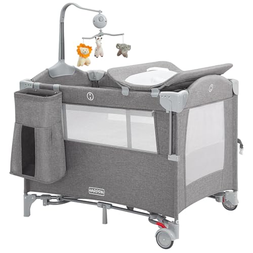 Harppa Baby 5 in 1 Pack and Play, Baby Bassinet Bedside Sleeper with Mattress, Diaper Changer, Playard and Music Box, Adjustable Height, Portable Crib from Newborn to Toddlers (Grey)