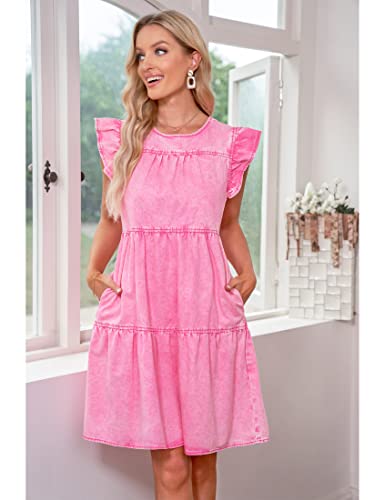 Luvamia Ruffle Sleeve Babydoll Dress For Women Jean Dresses For Women Denim Women's Cocktail Dresses Pleated Dress For Women Swing Dress For Women Aurora Pink Size Large Fits Size 12 / Size 14 #TOP2