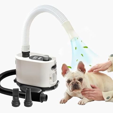 PAKEWAY Dog Dryer, Pet Hair Force Dryer with Hard & Soft Double Hose, Stepless Adjustable Speed Pet Grooming Dryer Blower with LCD Display, Less Noise & 3 Speed Heating & 2 Nozzles Cover