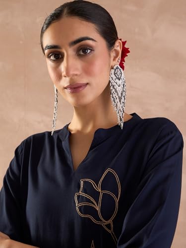 Image of INDO ERA Women's Viscose Rayon Floral Embroidered Straight Calf Length Kurta & Pant Set (IEAI12330)