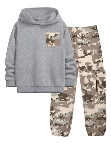 Image of KANGKANG Boys Clothes Two Piece Long Sleeve Hooded Sweatshirt Top Camouflage Sweatpants Fall Outfits Winter Clothes Set 6-16Y