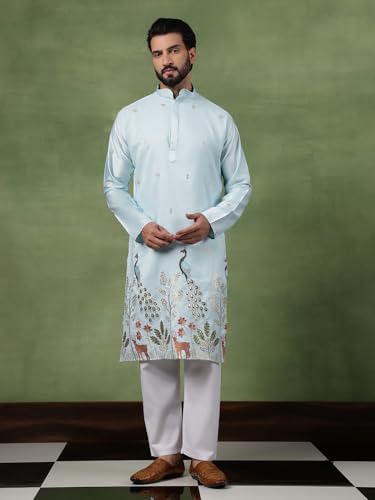 Image of SOJANYA (Since 1958 Men's Cotton Silk Flora & Fauna Embroidered Long Kurta
