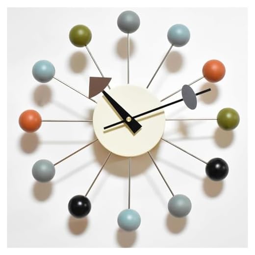 Wood Ball Wall Clock Mid Century Modern Silent Non Ticking Battery Operated 13 Inch Decorative Pop Color Quartz Clocks for Living Room Office Kitchen