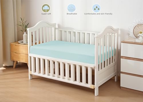 Image of HBHLFZ Crib Sheets for Boys, Girls, 28x52 Inch Fitted Crib Sheet - 8 Inch Deep Pocketed Fixed Sheet - Soft and Comfortable Microfibre - Fits Standard cot and Toddler mattresses, Light Blue
