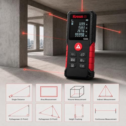 Image of Kress KI202 100M Cordless Laser Distance Measurer | ±1.5mm Accuracy | IP54 Waterproof | 1s Fast Measurement | LCD Reverse Display | 20 Memory Sets | Soft Grip Design | Includes Charger & Case