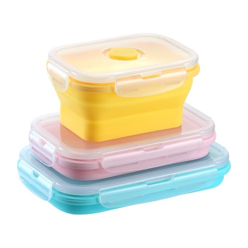 Zourglow 3 Piezas Recipientes Plegables de Silicona, Portátil Plegable Fiambrera con Tapa, Reutilizable Contenedores Plegables para Cocina Camping Picnic Oficina, 350 + 550 + 800 ml