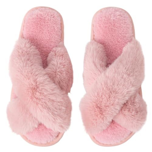 Image of Enteer Women's Slipper Memory Foam Cross Band Fuzzy Slippers Open Toe Cozy House Slippers Cozy Plush Bedroom Indoor Outdoor