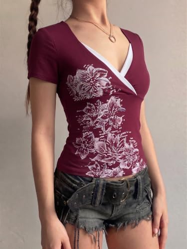 Image of EMMIOL Y2K Fairy Grunge Short Sleeve Shirts for Women Vintage Floral Graphic V Neck Cute Going Out Tops Emo Summer Tee