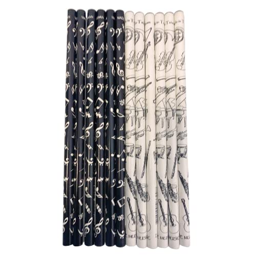 Paquet de 12pcs Musique thème noir et blanc Notes de musique crayons HB (2 modèles) Cover