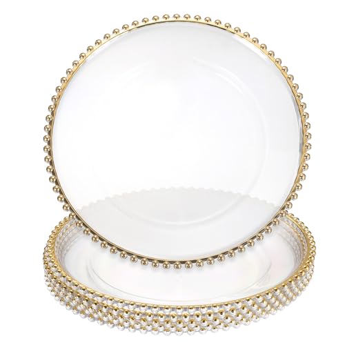 sourcing map 6pcs Clear Charger Plates Bulk 13 Plastic Round Charger Plates with Bead Trim Dinner Dessert Plate for Wedding Party Event Table Setting Decoration Light Gold