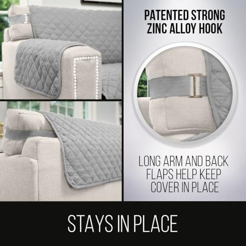 Sofa Shield Couch Cover for Dog and Pets, Couvre Protector for Sofas, Reversible Stain Resistant Housse Canapé, Quilted Microfiber 178 cm 3 Seat, Patented Slipcover with Strap, Light Gray Charcoal - 3