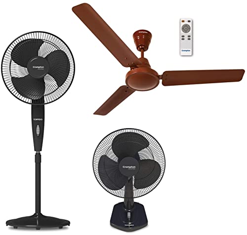 Crompton Highspeed Torpedo 400 Mm Pedestal Fan&Energion Hs 1200 Mm (48 Inch) Energy Efficient Ceiling Fan With Remote (Brown) Highspeed Torpedo 400 Mm Table Fan, 5 Stars