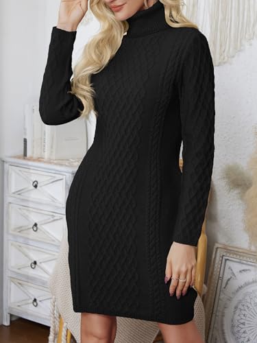 Image of Women's Turtleneck Sweater Cable Knit Long Sleeve Sexy Pullover Tunic Mini Bodycon Sweater Dress Trendy Outfits