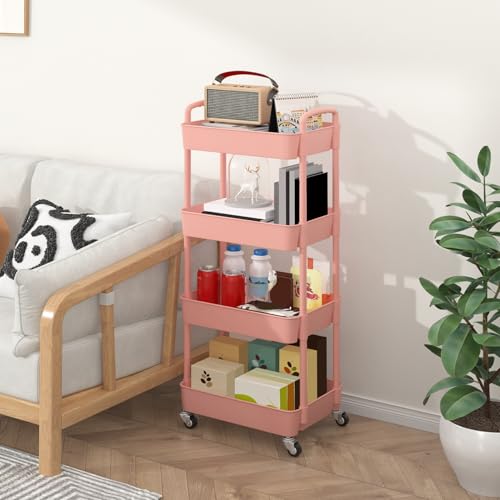 Image of Sywhitta 4-Tier Plastic Rolling Utility Cart with Wheels for Storage, Pink | Multi-Functional Storage Trolley, for Office, Living Room, Kitchen, Bathroom,Movable Organizer,Space-Saving,Easy to assemble