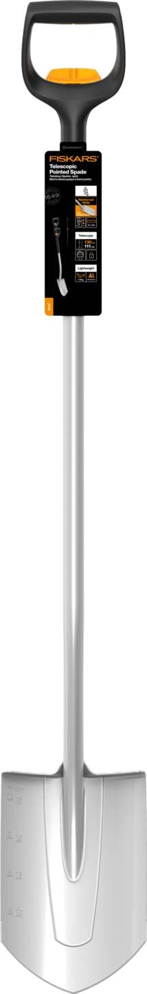 Fiskars Bêche Télescopique pour Sols durs et caillouteux, Pointue, longueur : 111 - 130 cm, Lame renforcée en Acier au bore, Noir/orange, Xact, 1066732