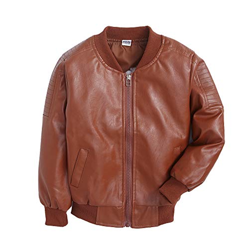 Image of Hopscotch Boys PU /PVC (Faux Leather) Solid Full-Sleeve Track Jacket in Brown Color