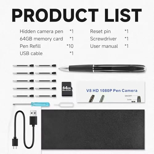 Rumhams - 1080P Body Camera Pen with 64GB Memory Card, Body Camera with FHD Video or Picture Taking, Mini HD 1080P Surveillance Camera, Portable Pocket Camera