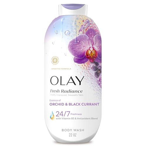 Olay Body Wash for Women, Fresh Radiance, 24/7 Skin-Loving Freshness, Visibly Radiant, Plant Based Cleansers, Vitamin B3 & Antioxidant Blend, For All Skin Types, Orchid & Black Currant Scent, 22 fl oz