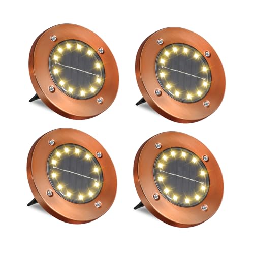 HOFLY Outdoor In-Ground Disc Lights - Solar Garden Lights, 8 Pack, 12 LED for Pathway, Yard, Patio, Walkway (Bronze, 4 Pack)