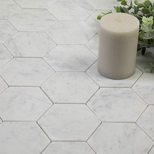 Soulscrafts Italian White Carrara Marble 4 Inch Hexagon Mosaic Tile Matte For Kitchen Backsplash Bathroom Wall & Floor Tile 5 Sheets/Box #TOP4