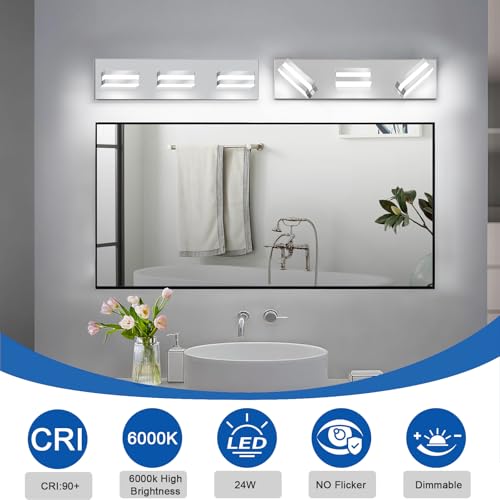Image of IZORRO LED Modern Bathroom Lights Fixtures(3-Light,Dimmable,360Rotate),Chrome Acrylic Wall Lighting,Vanity Lights for Bathroom Over Mirror - 6000k 16In (No Assembly Required)